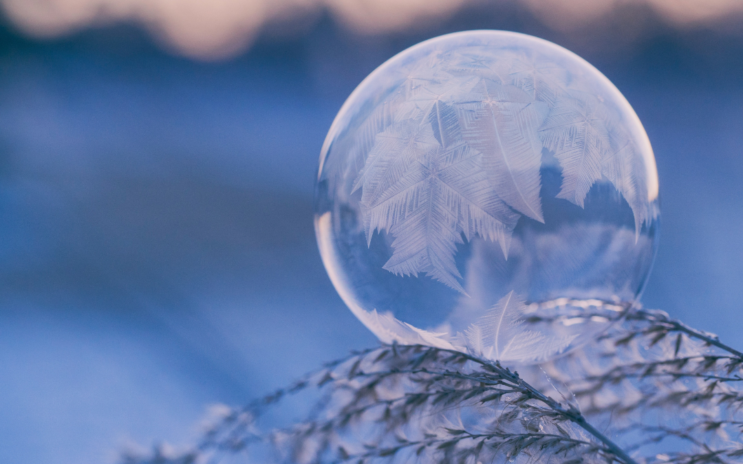 Julkula i glas som ligger på en snöig kvist